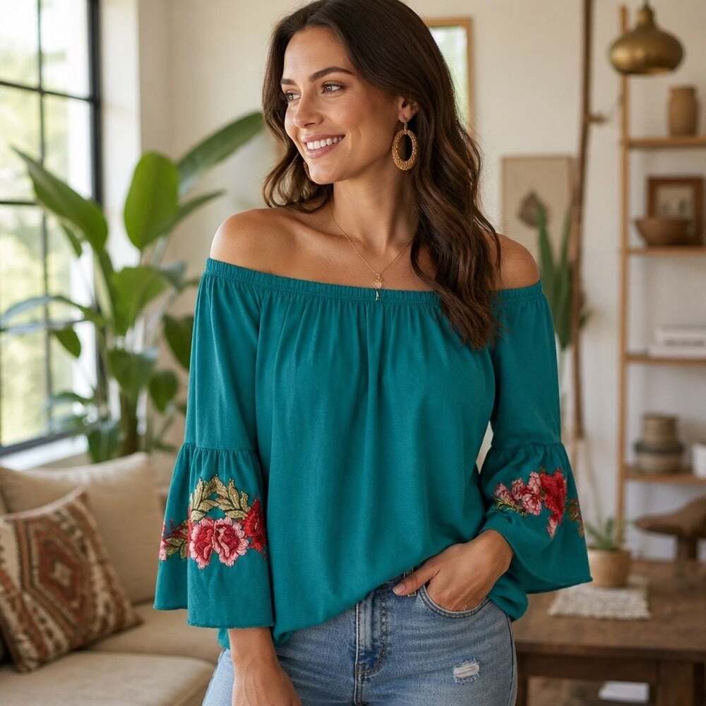 Always Indigo Teal Off The Shoulder Floral Embroidered Bell Sleeve Top 2X